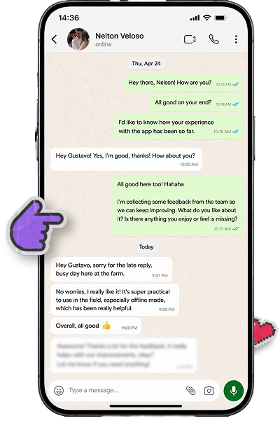 WhatsApp conversation showing Nelton Veloso’s feedback about Agrotrace