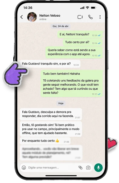 Conversa de WhatsApp mostrando o feedback de Nelton Veloso sobre o Agrotrace