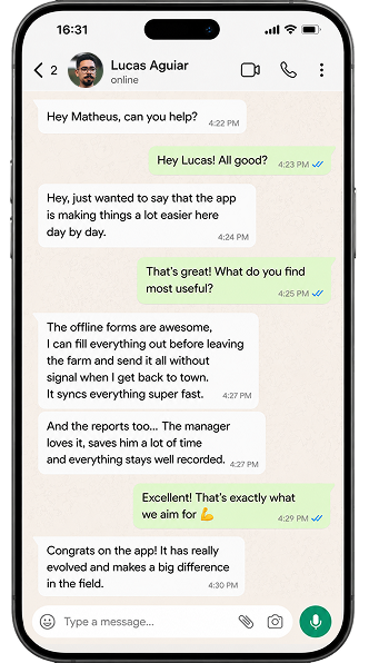 WhatsApp conversation showing Lucas Aguiar’s feedback about Agrotrace