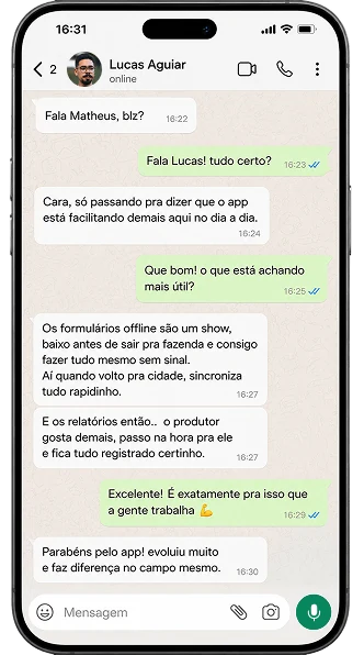 Conversa de WhatsApp mostrando o feedback de Lucas Aguiar sobre o Agrotrace