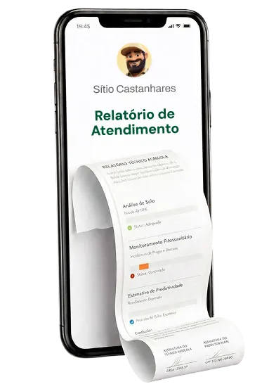 Aplicativo Agrotrace exibindo um relatório de atendimento no celular